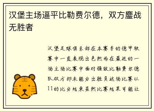 汉堡主场逼平比勒费尔德，双方鏖战无胜者